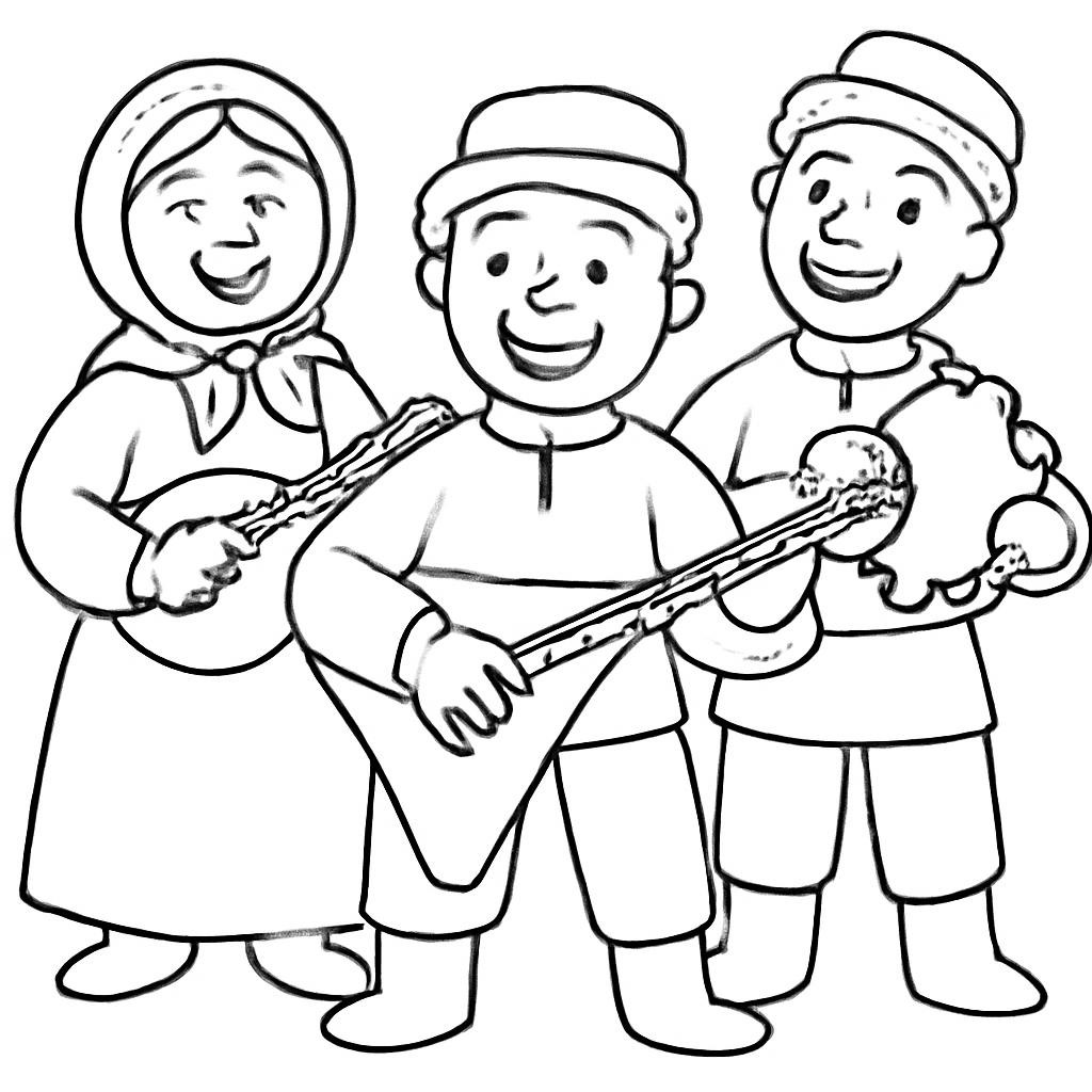 Три улыбающихся музыканта играют на балалайке, домре и бубне.