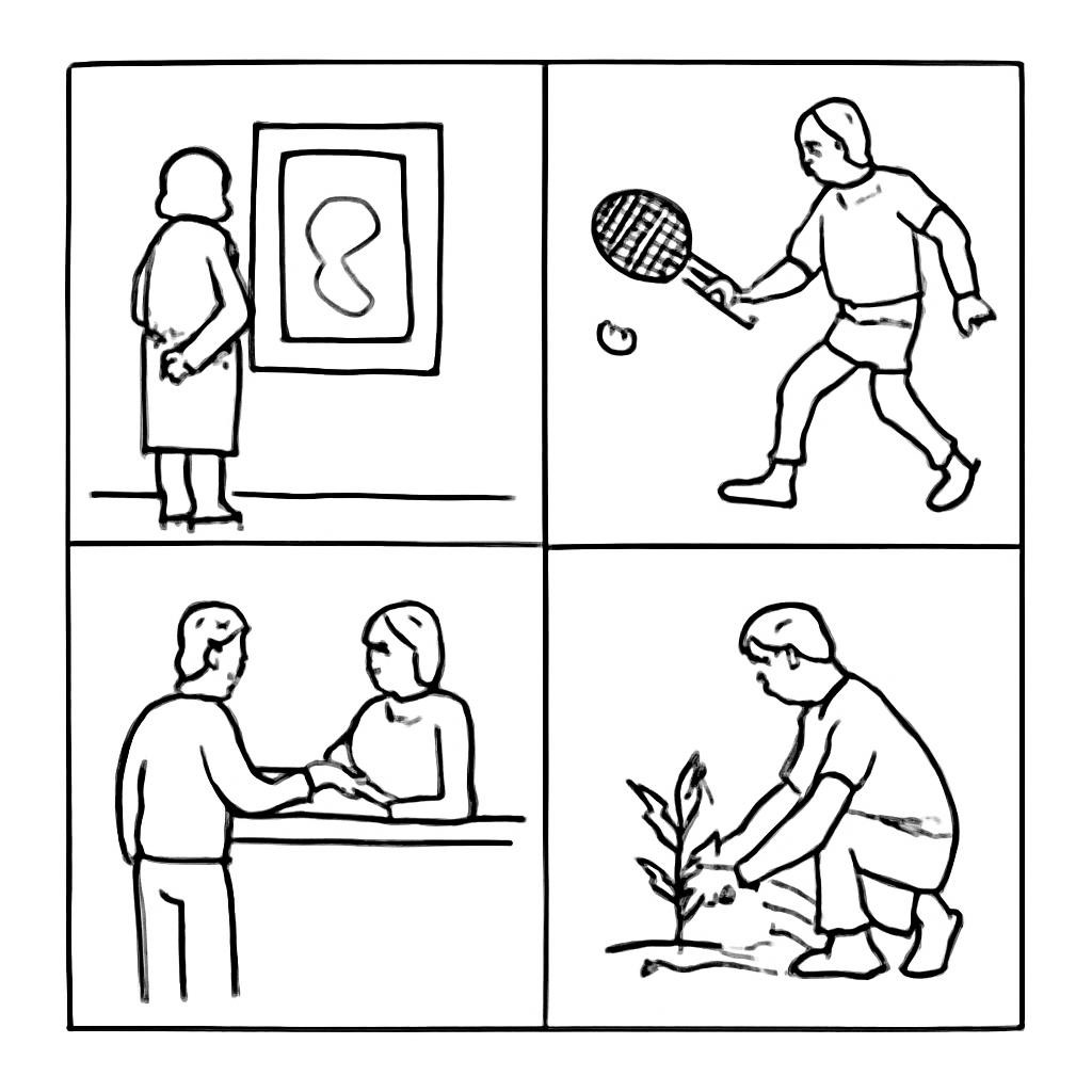 Four simple black-and-white pictures of places and activities