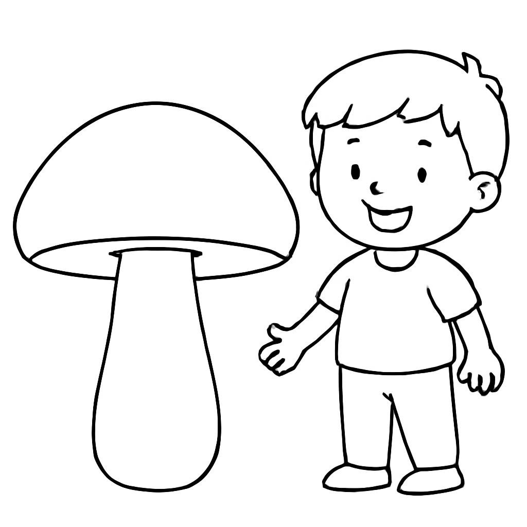 Чёрно-белый контурный рисунок улыбающегося ребёнка рядом с грибом.