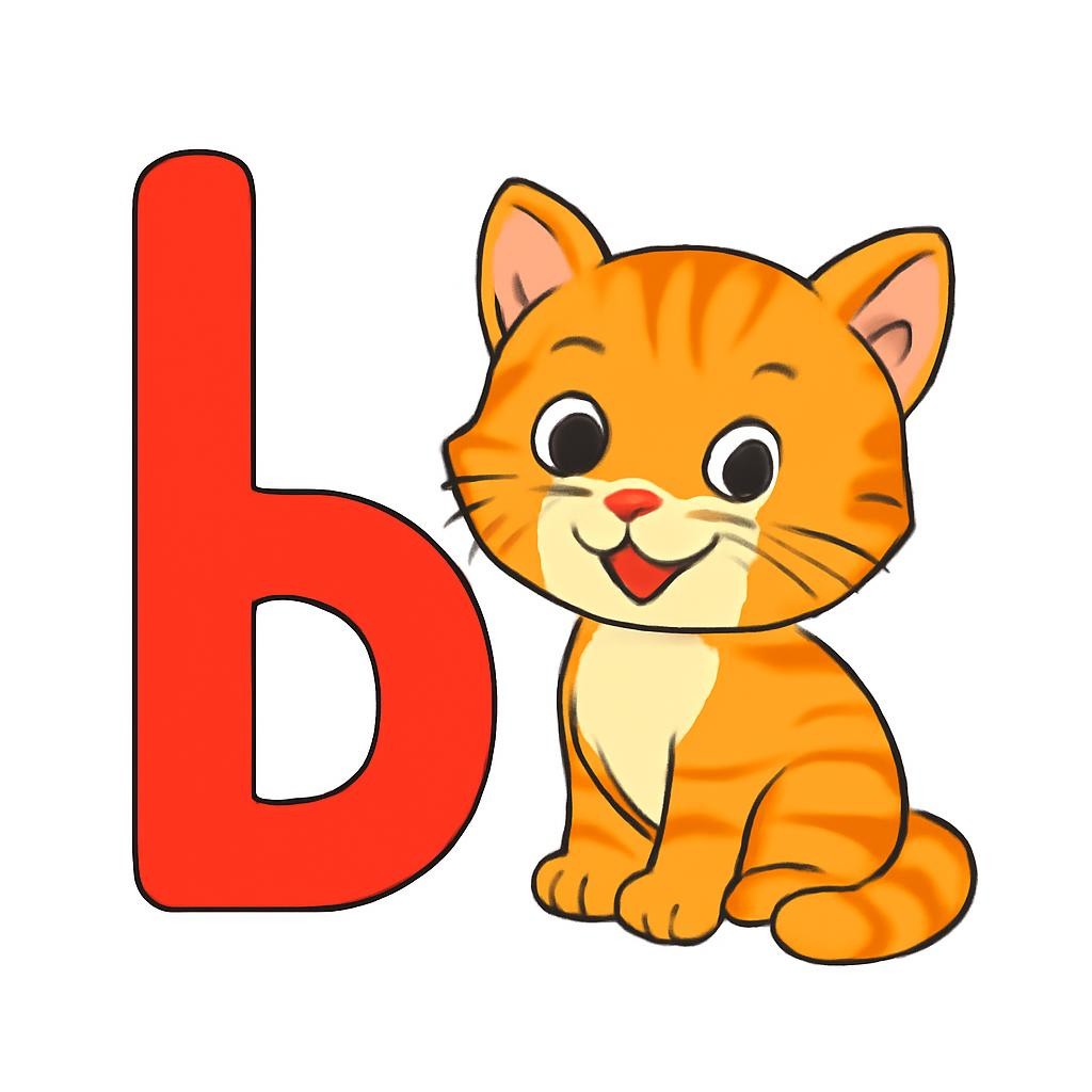 Крупная буква ь рядом с довольным котёнком.