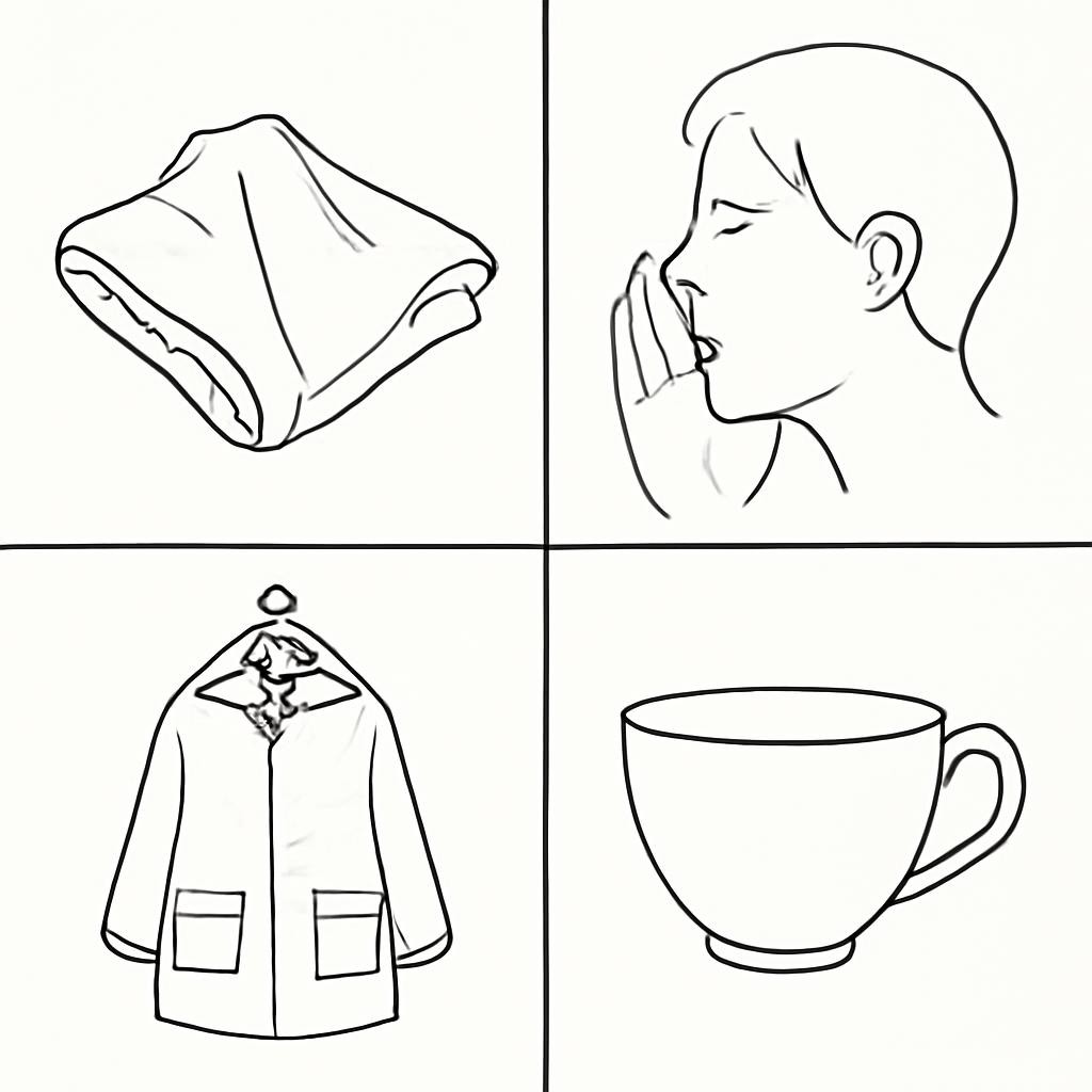 Сетка из четырёх контурных изображений предметов и действий.