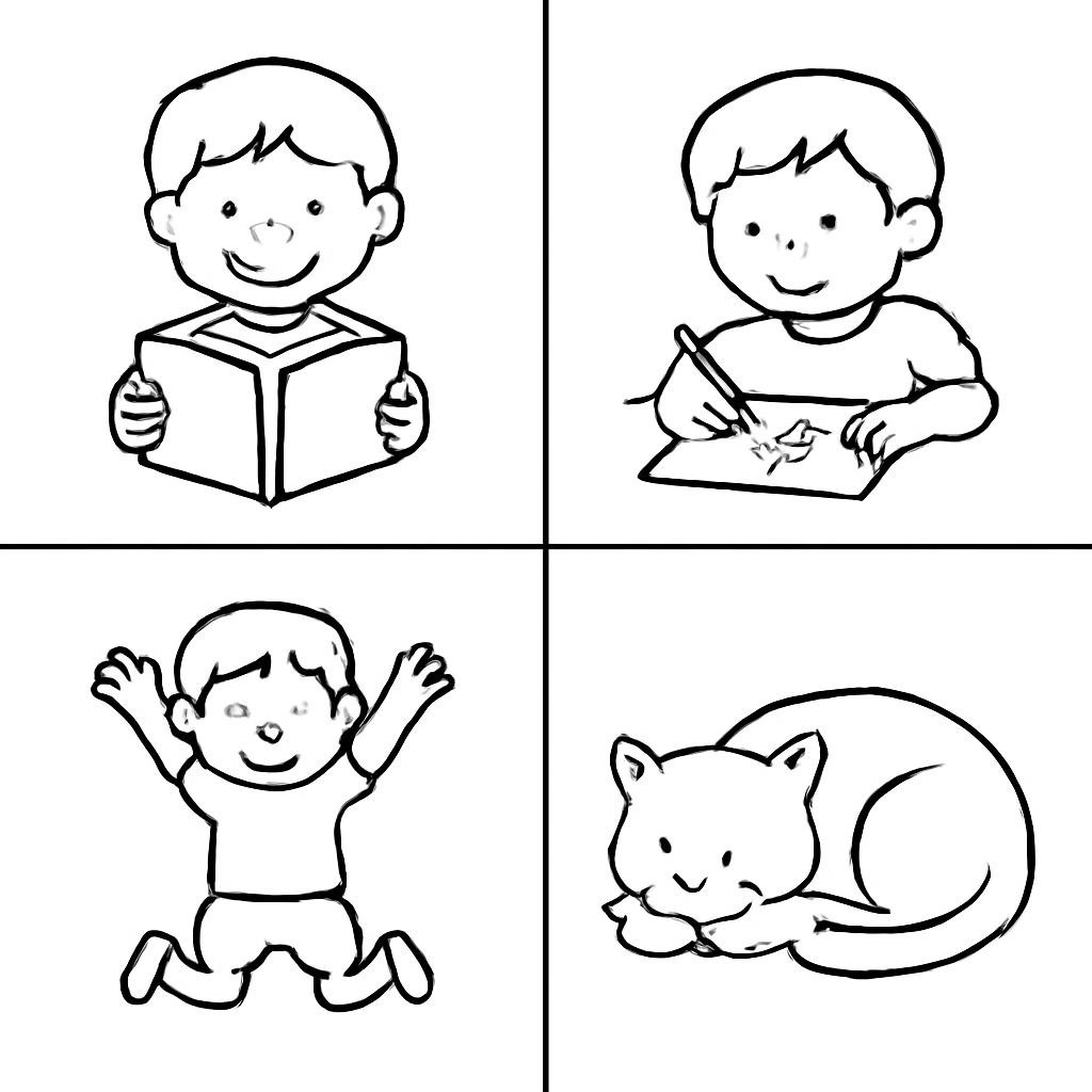 Сетка из четырёх детских контурных сцен без надписей.
