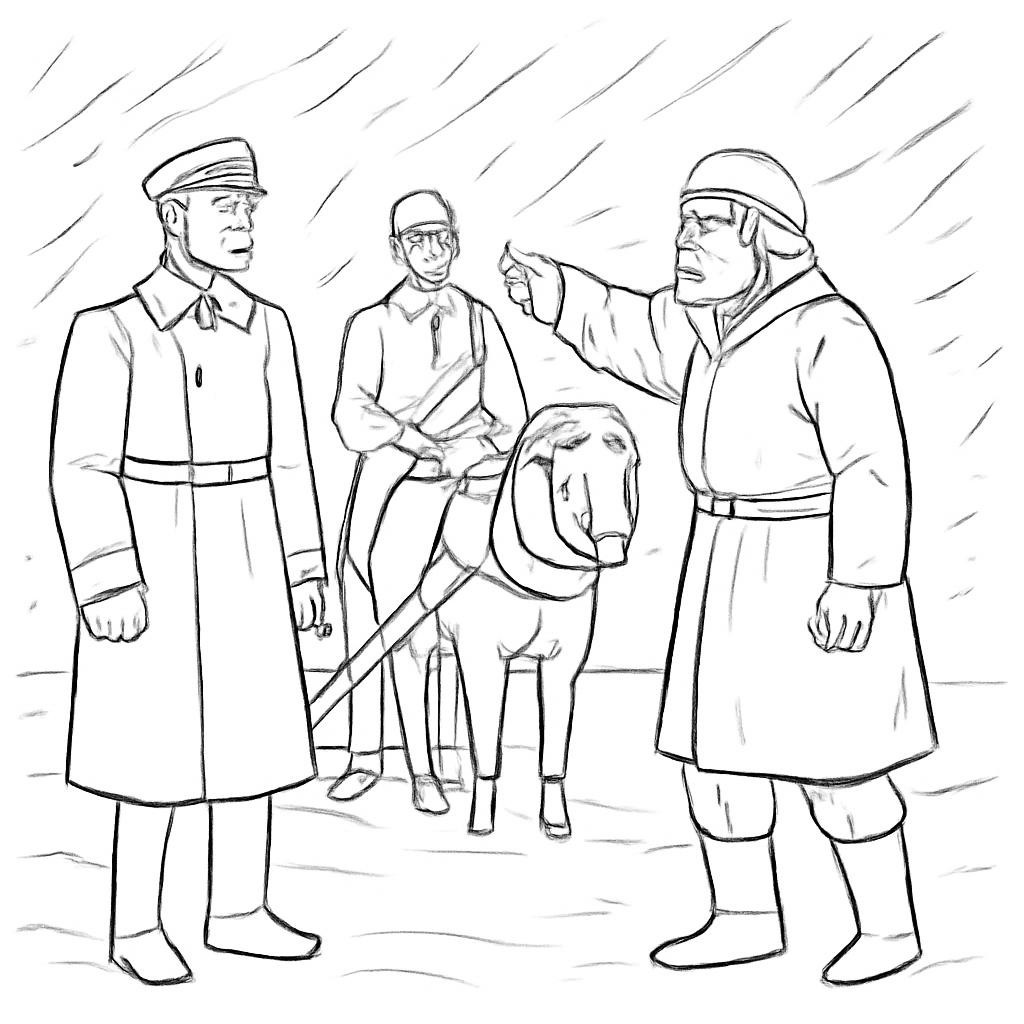 Контурная иллюстрация встречи путников в метели