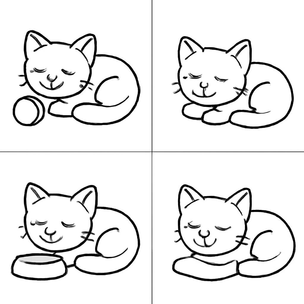 Четыре котёнка спят, в трёх сценах рядом есть предмет, в одной котёнок один.
