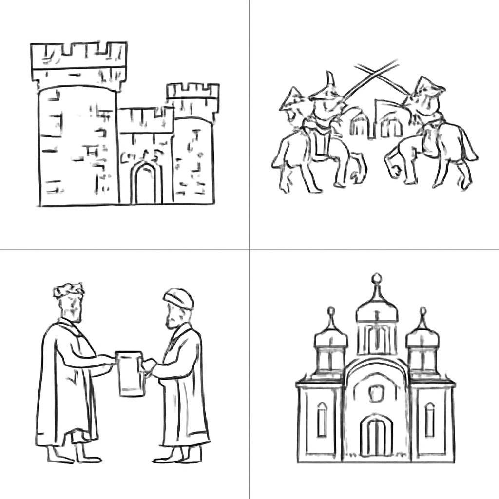 Контурная сетка из четырёх исторических сцен