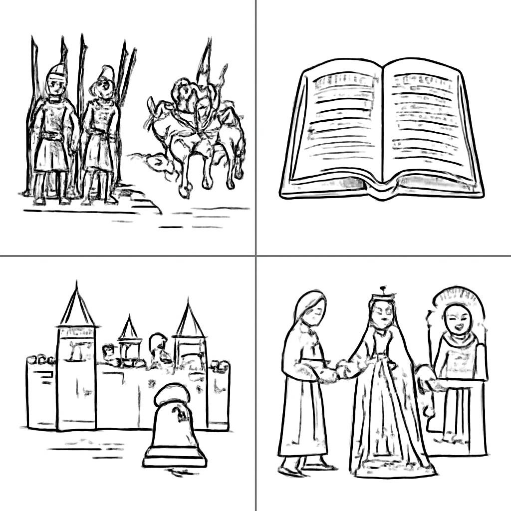 Контурная сетка из четырёх исторических сцен