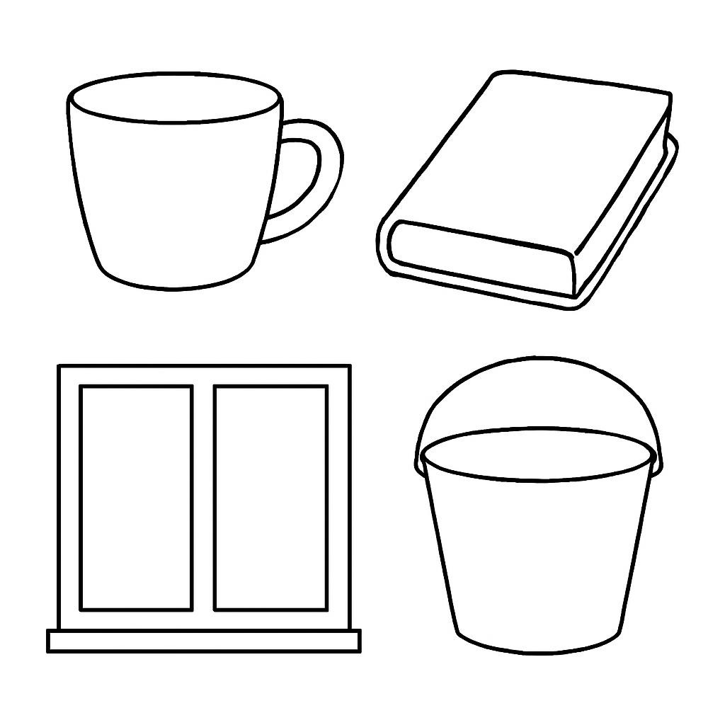 Чашка, книга, окно и ведро