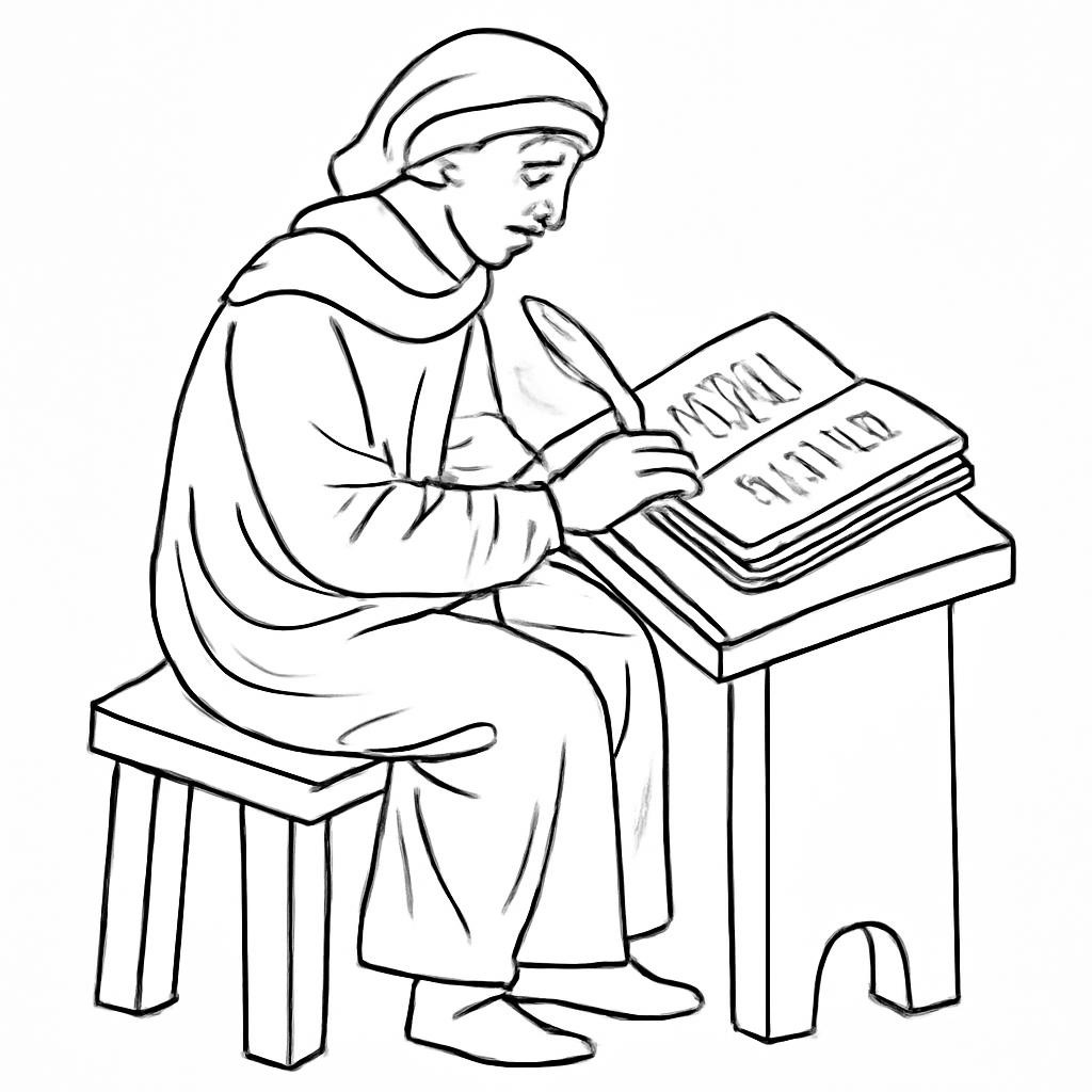 Средневековый переписчик пишет в рукописной книге.