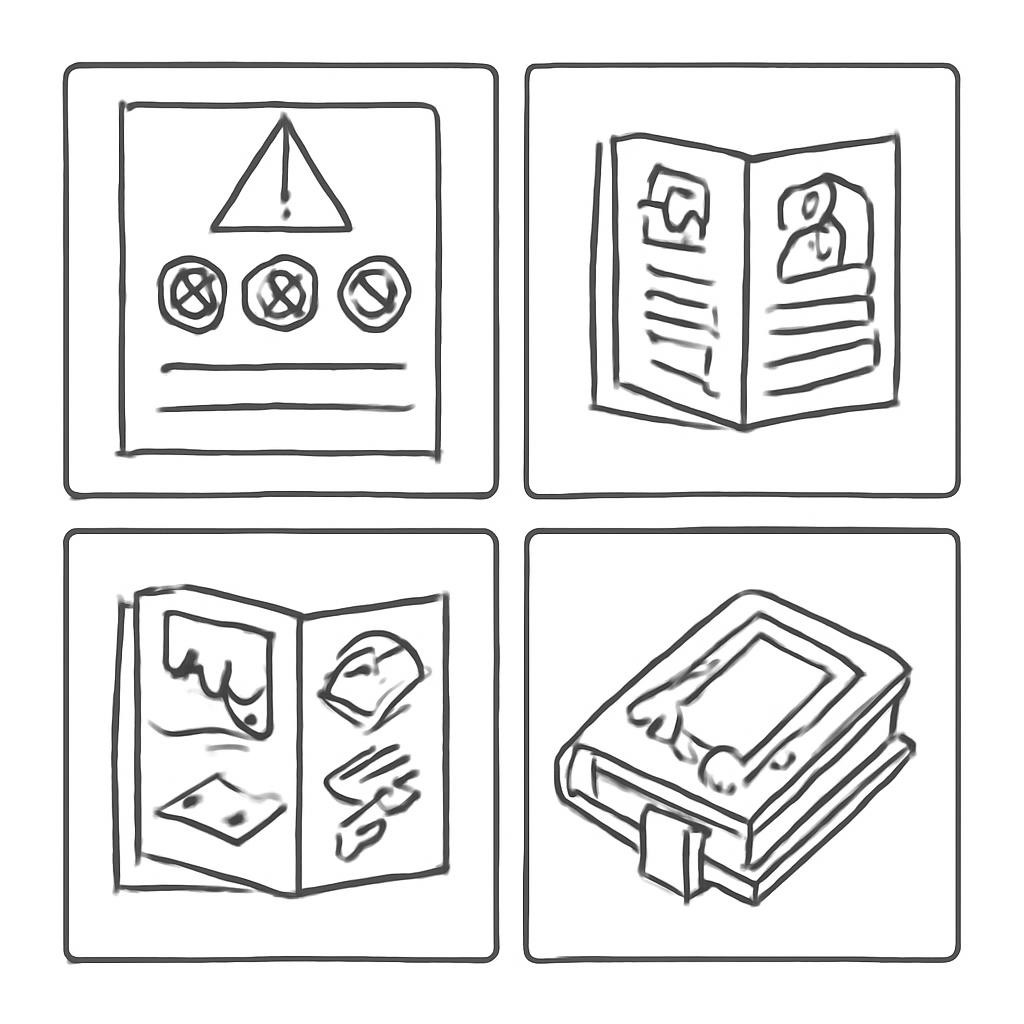 Контурные изображения трёх инструктивных материалов и романа