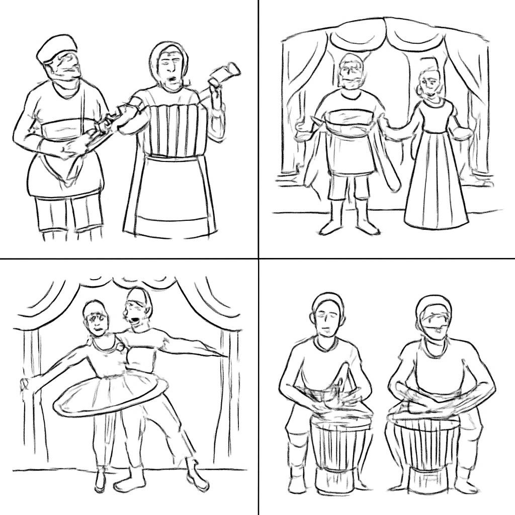 Чёрно-белая контурная сетка из четырёх сцен