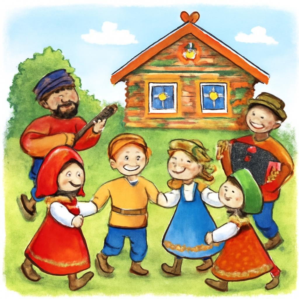 Народный праздник с музыкантами и танцующими детьми