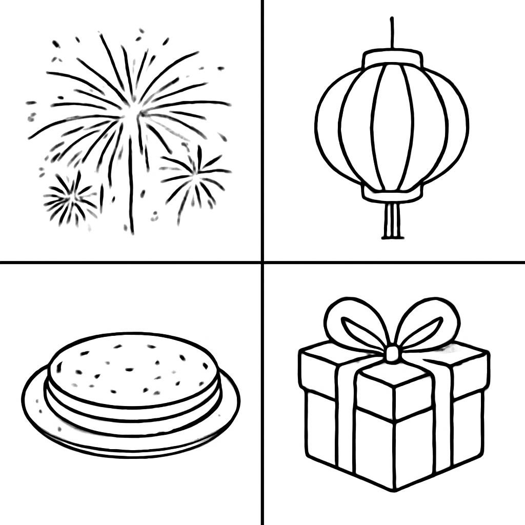 A 2×2 grid with four separate festive objects, one object in each equal square, without text.