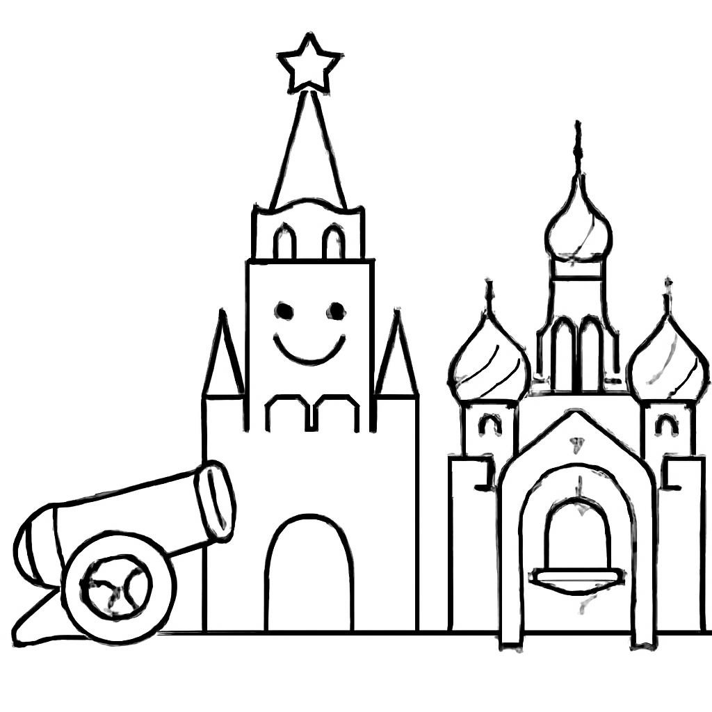 Контурный рисунок башни, пушки, колокола и собора