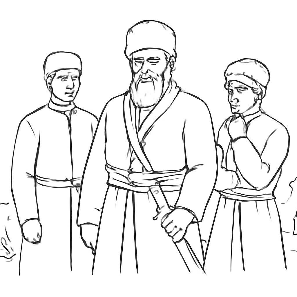 Контурная иллюстрация сцены с тремя героями у казачьего лагеря