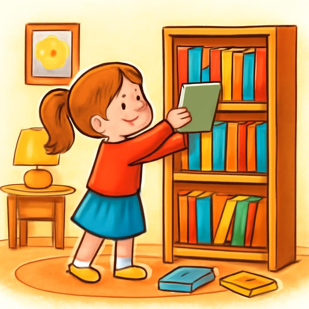 Яркая иллюстрация: девочка раскладывает книги на двух деревянных полках; разноцветные книги без надписей, уютная детская комната.