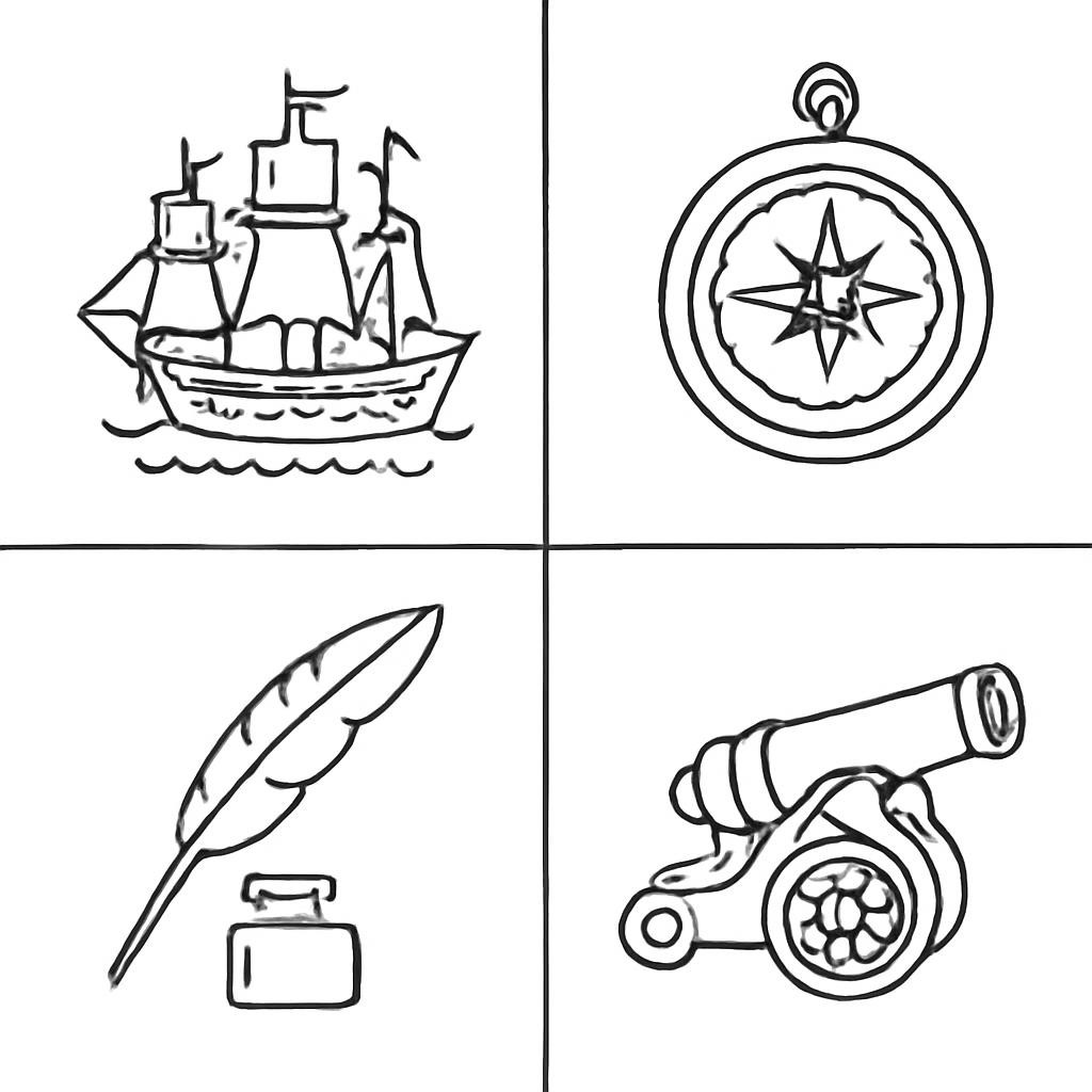 Контурная сетка из четырёх исторических предметов