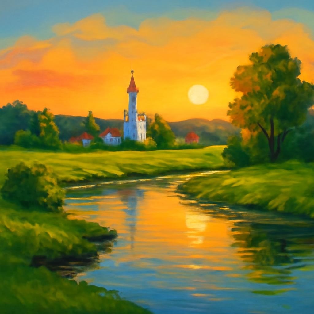Вечерний пейзаж с рекой, храмом и мягким светом