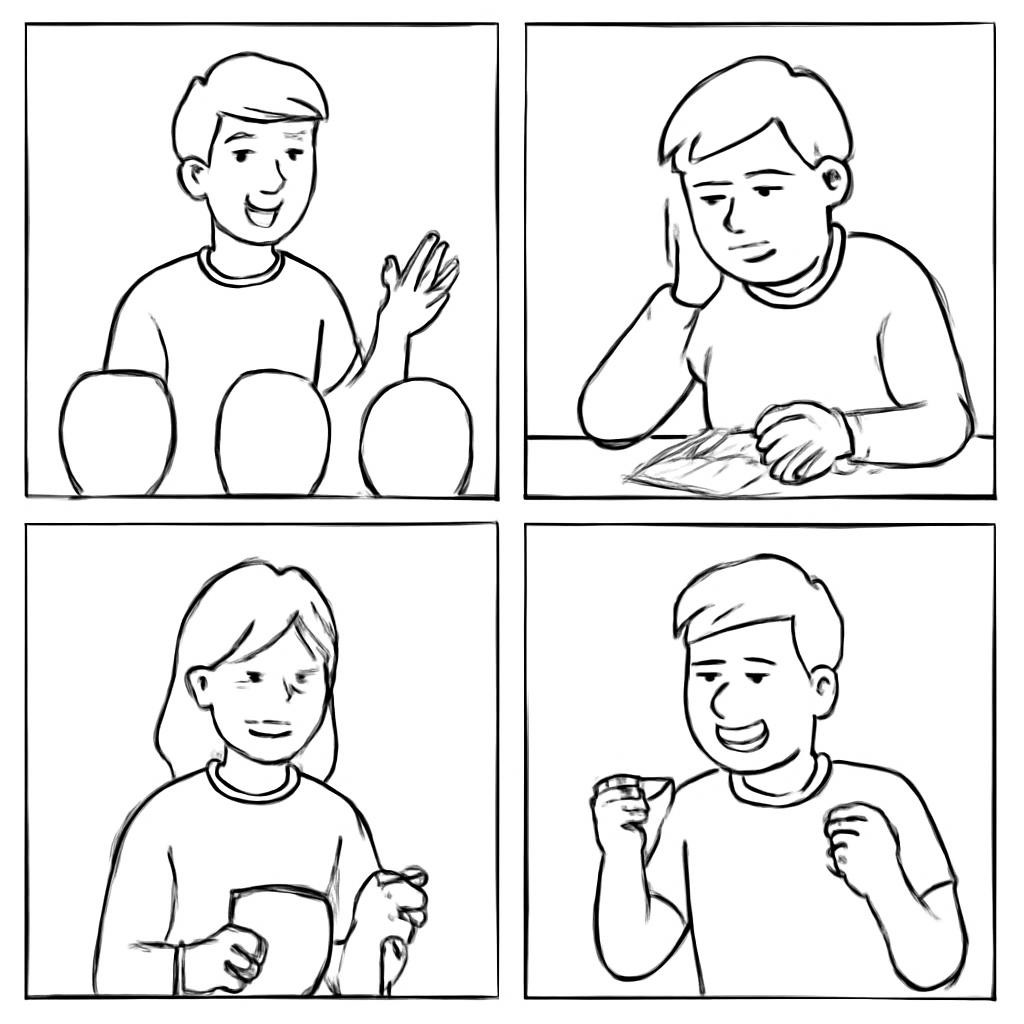 A 2 by 2 grid of four simple scenes illustrating emotions and personality traits.