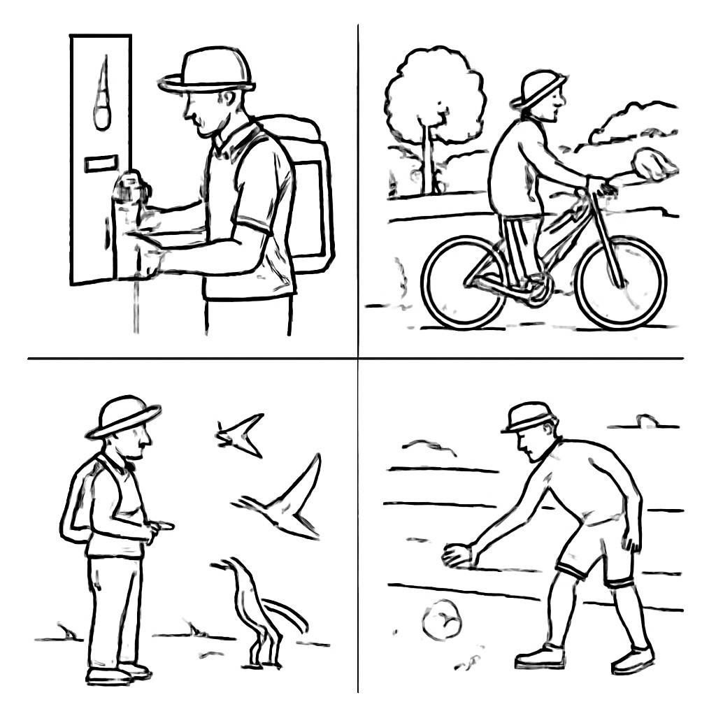 Four travel-related scenes arranged in a two-by-two grid.
