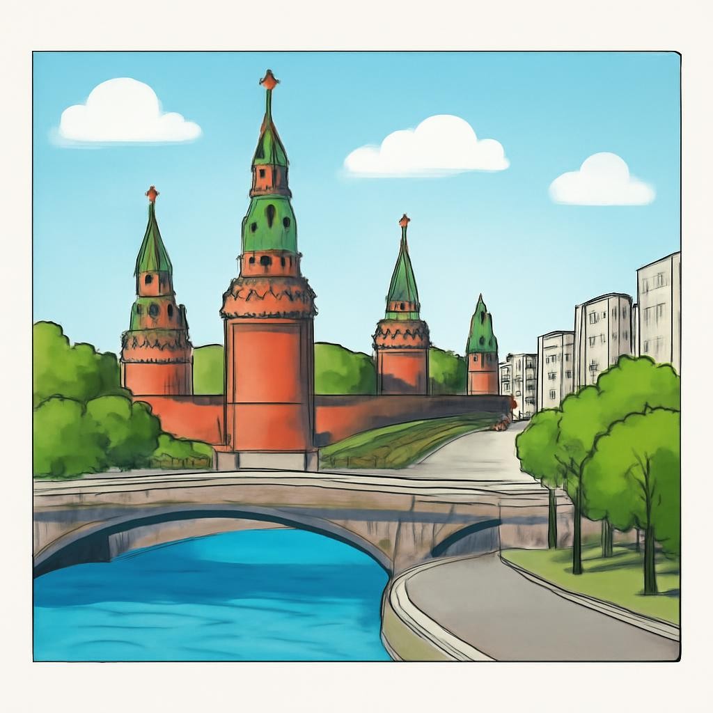 Цветная реалистичная панорама Москвы с улицей, мостом и городскими зданиями.