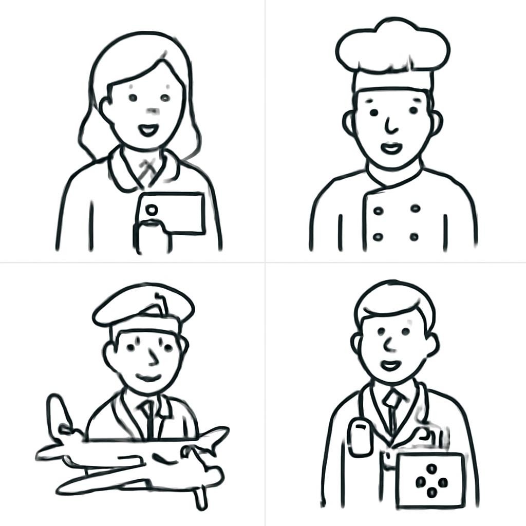 Four simple job-related objects in a two-by-two grid