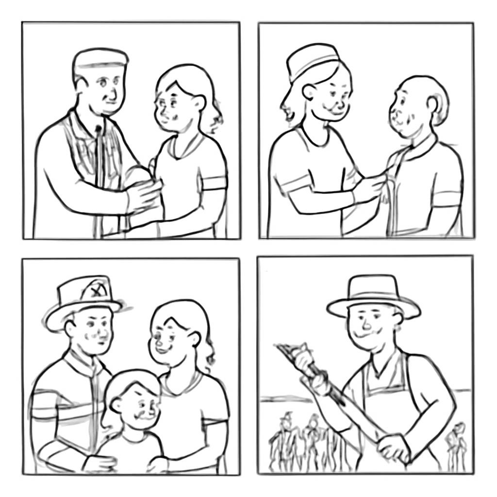 Four friendly children's job illustrations in a two-by-two grid