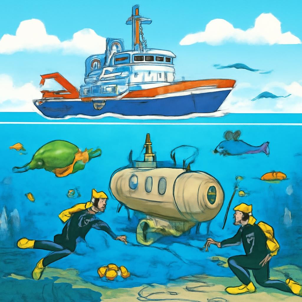 Иллюстрация подводной экспедиции Жака-Ива Кусто с исследователями на судне и у батискафа.