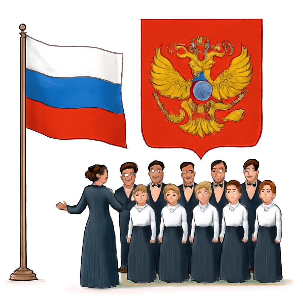Изображение государственных символов России: флаг, герб и торжественная музыкальная церемония.