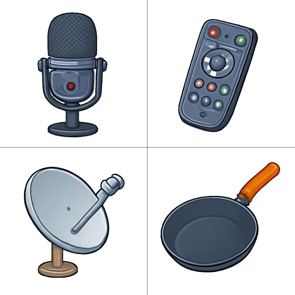 A four-part grid of technology-related objects