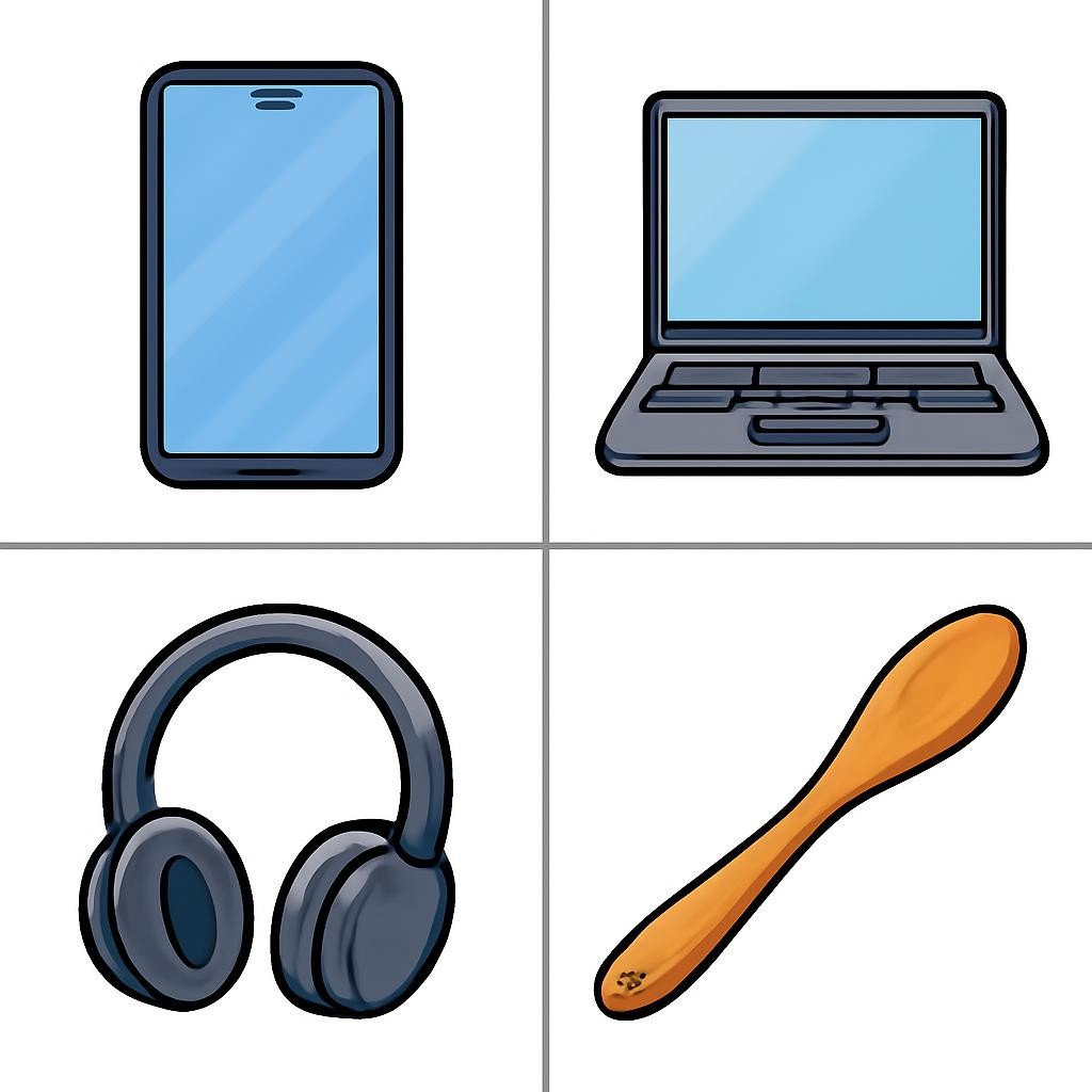 A four-part grid of everyday objects