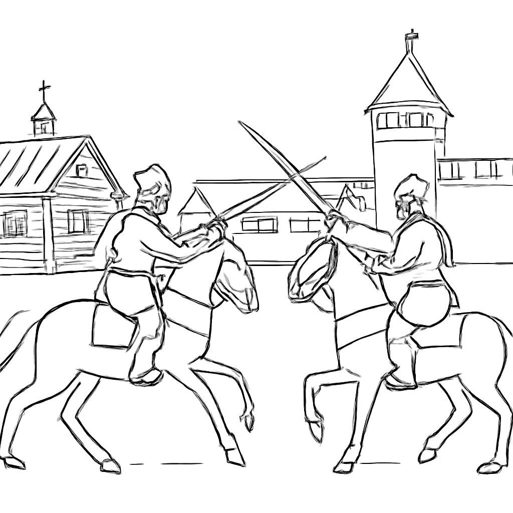 Чёрно-белая контурная иллюстрация поединка двух всадников на фоне старинной Москвы.