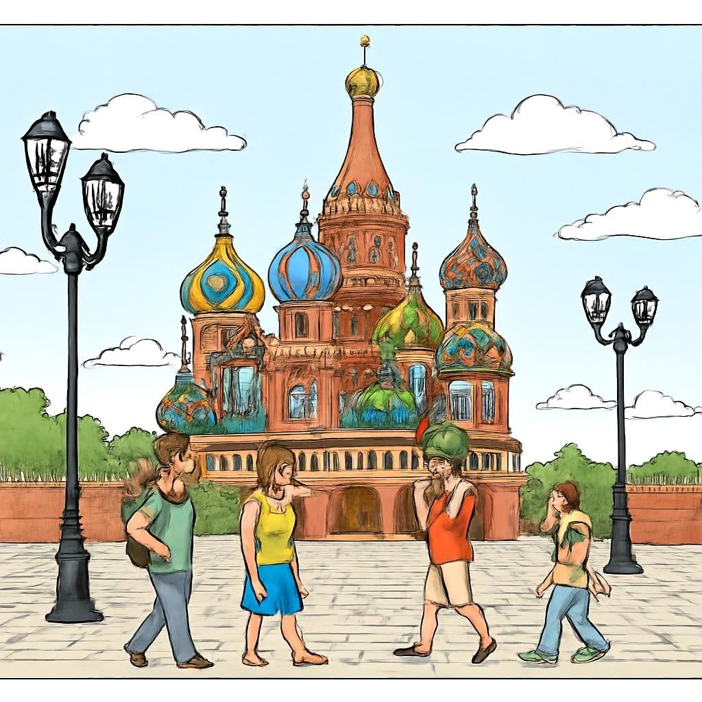 Цветная реалистичная иллюстрация Красной площади Москвы с собором, фонарями и туристами.