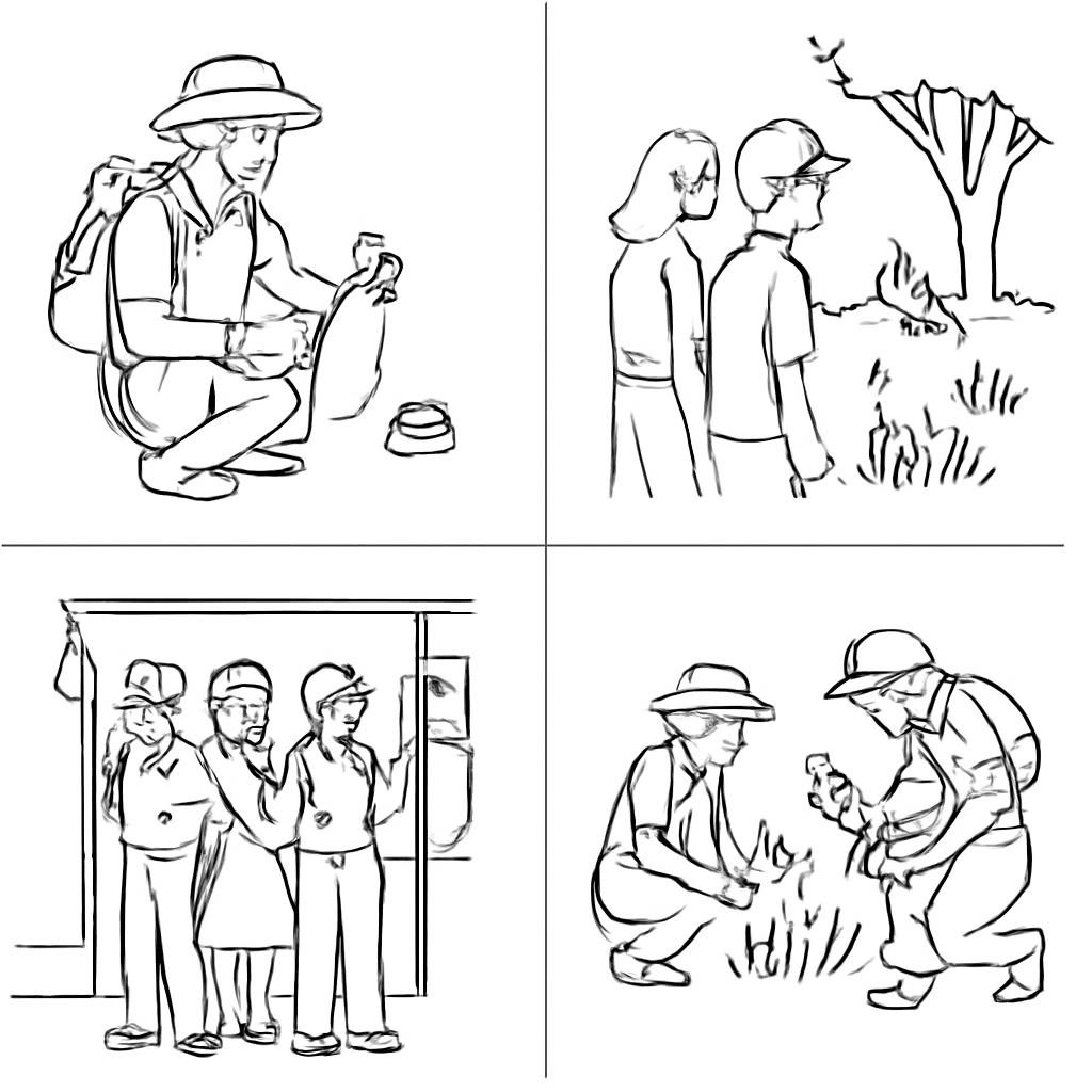 Four detailed travel scenes arranged in a two-by-two grid.