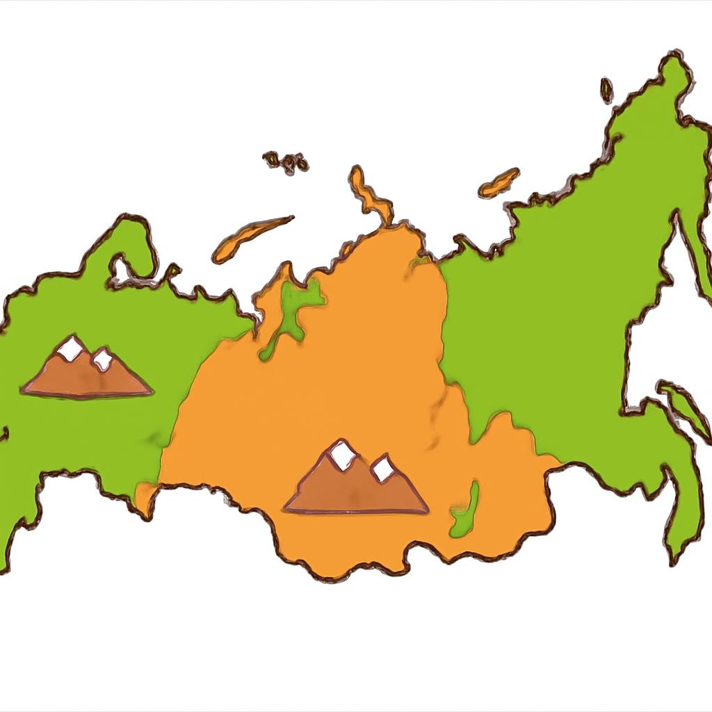Схематичная карта России с тремя горными системами