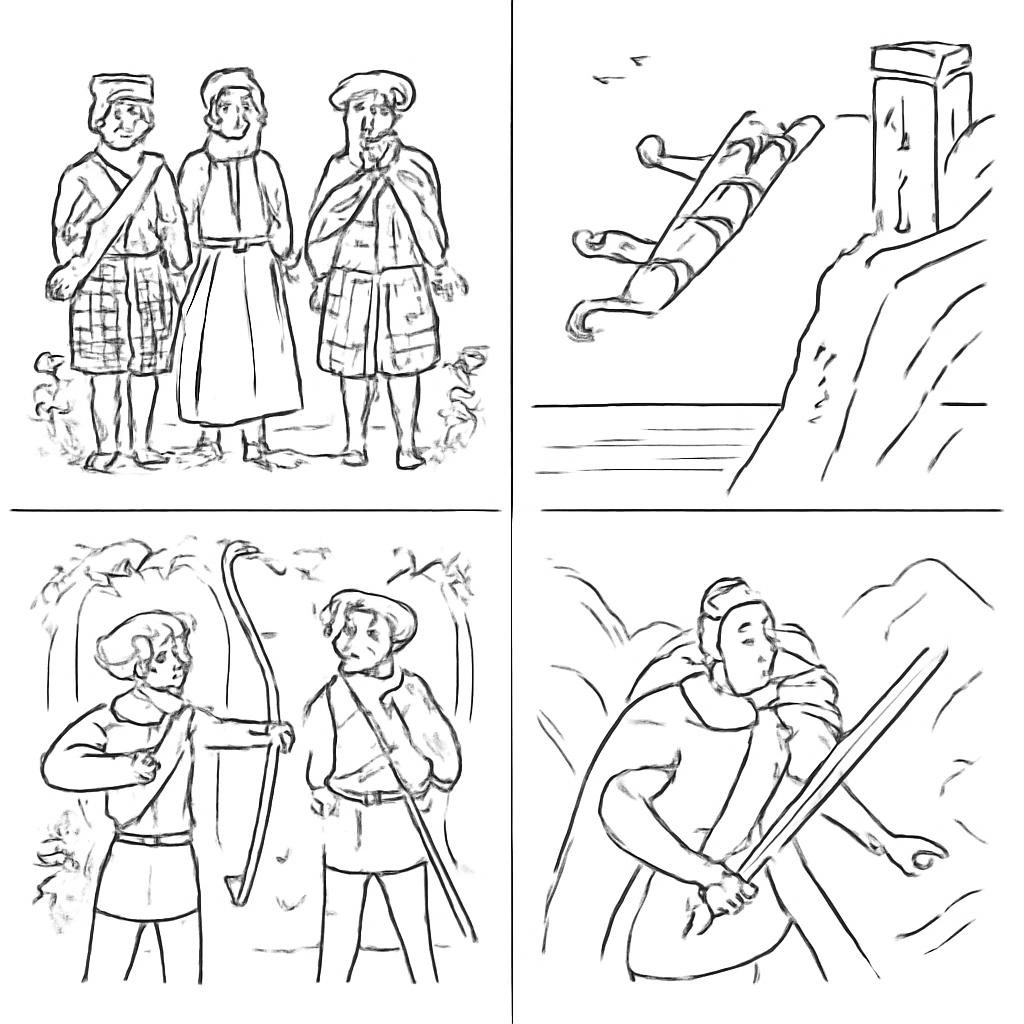 Контурная сетка с четырьмя сценами из баллад