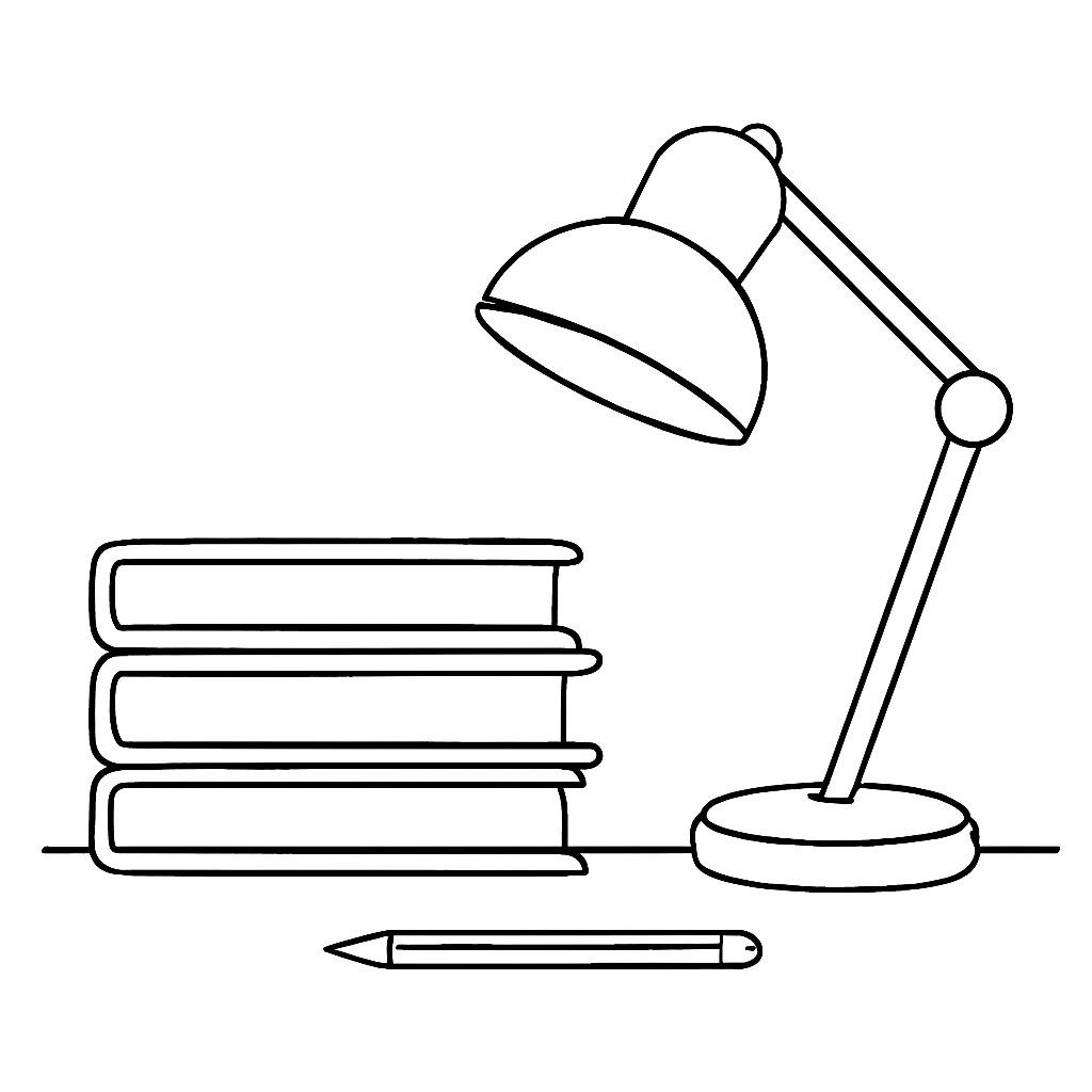 Контурный рисунок карандаша, книг и лампы