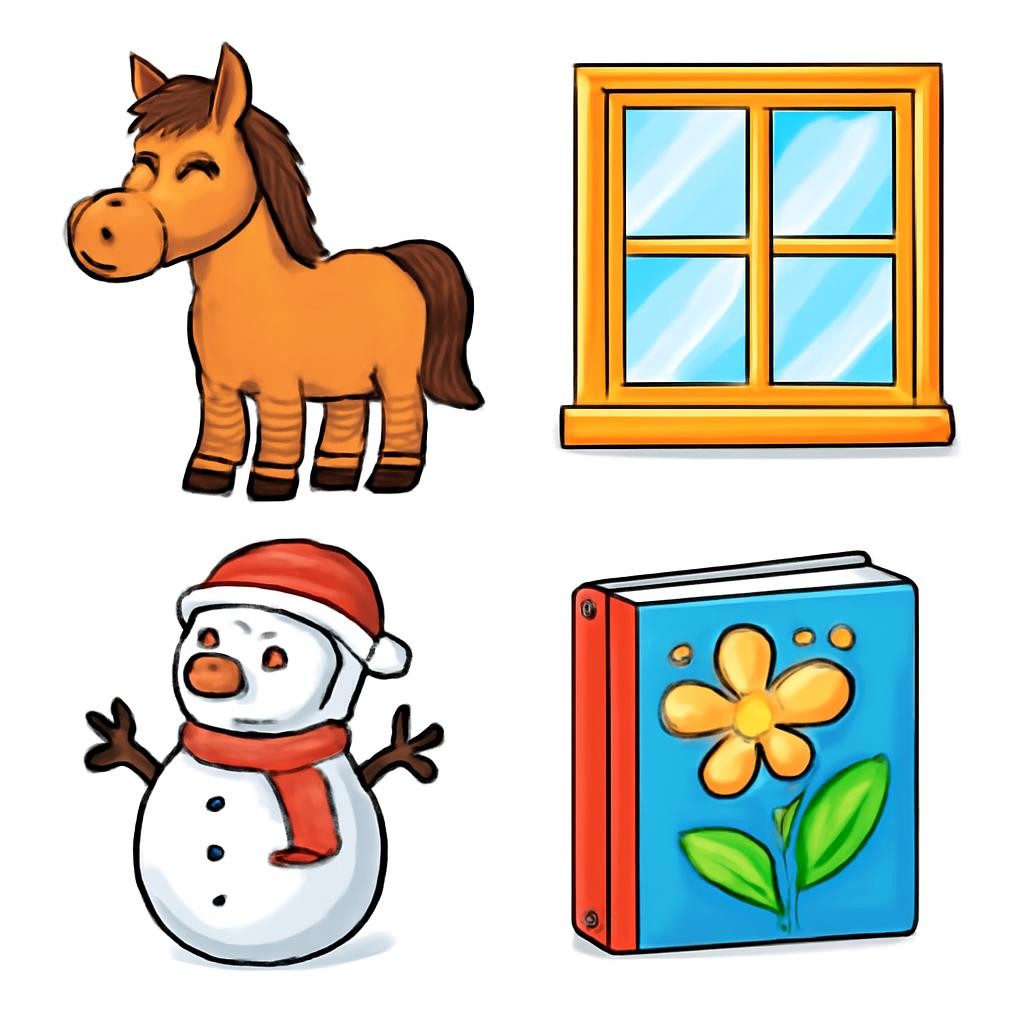 Конь, окно, снеговик и книга.
