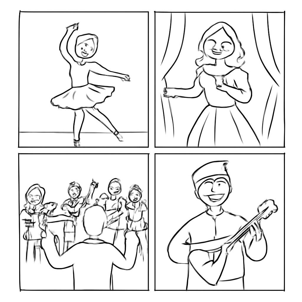 Контурная сетка из четырёх музыкальных сюжетов.