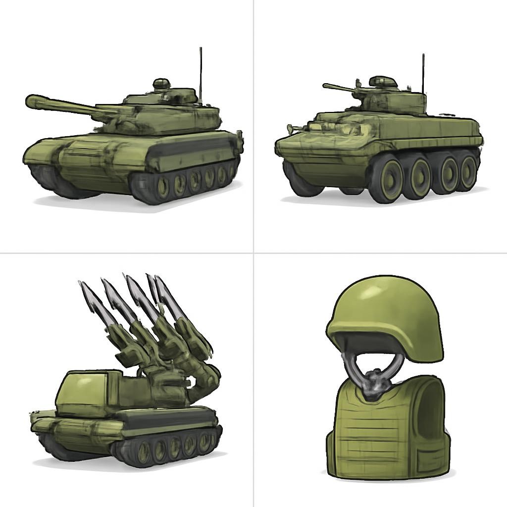 Коллаж из четырёх учебных изображений военной техники и экипировки