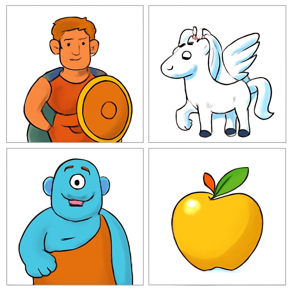 Four friendly objects and characters from Greek myths in a colourful 2×2 grid