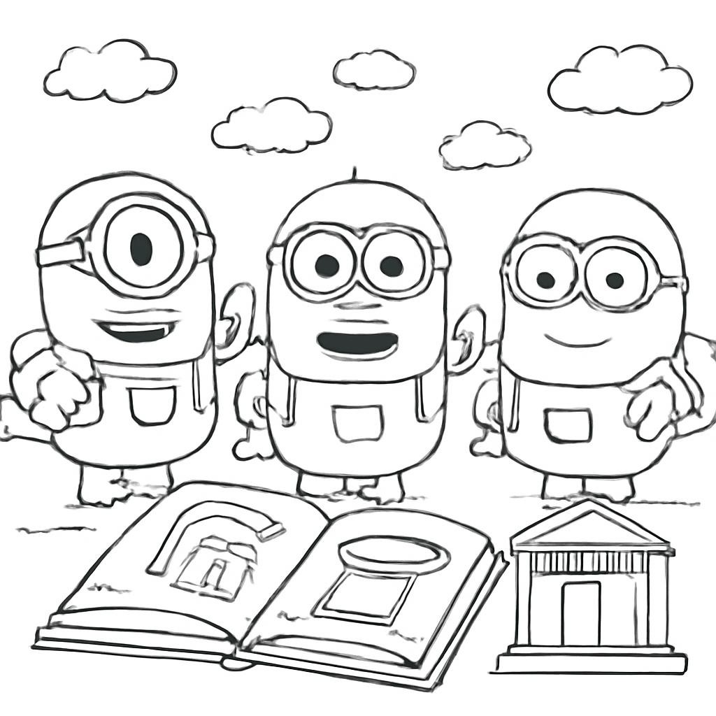 Миньоны рядом с исторической книгой и музеем