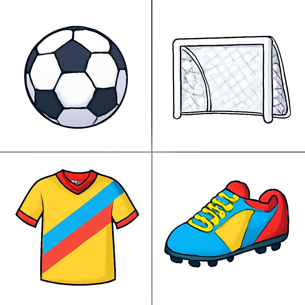 Four football objects in a colourful 2×2 grid