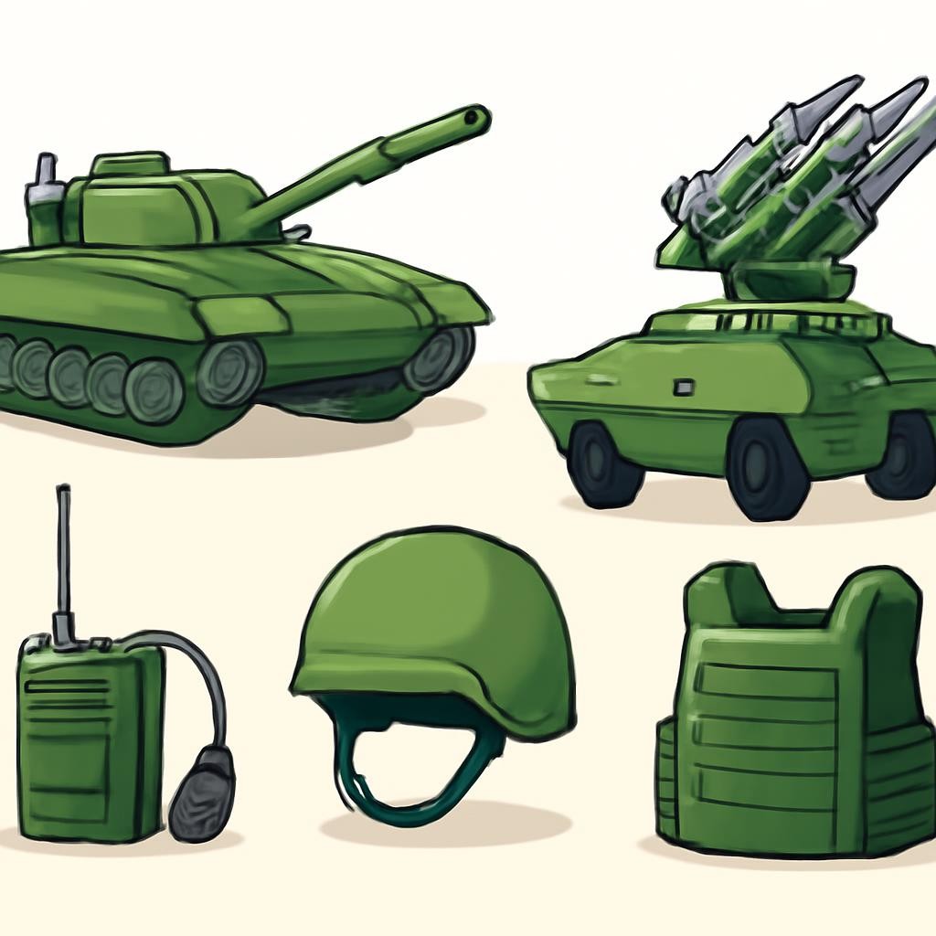 Учебная сцена с образцами военной техники, средствами связи и индивидуальной защитой