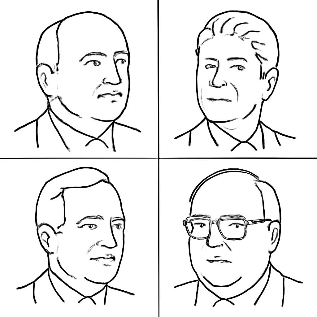 Контурная чёрно-белая сетка из четырёх портретных силуэтов политических деятелей