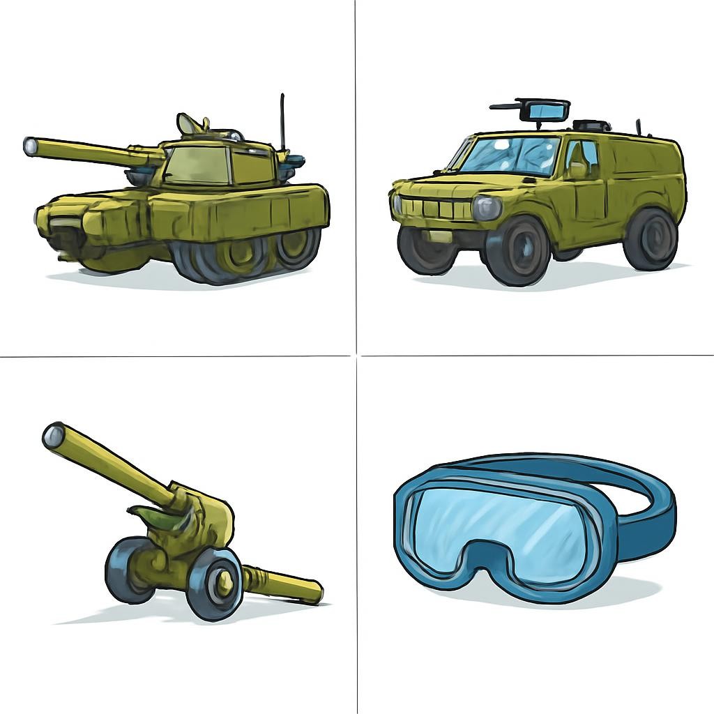 Четыре реалистичных учебных изображения средств военной техники и защиты