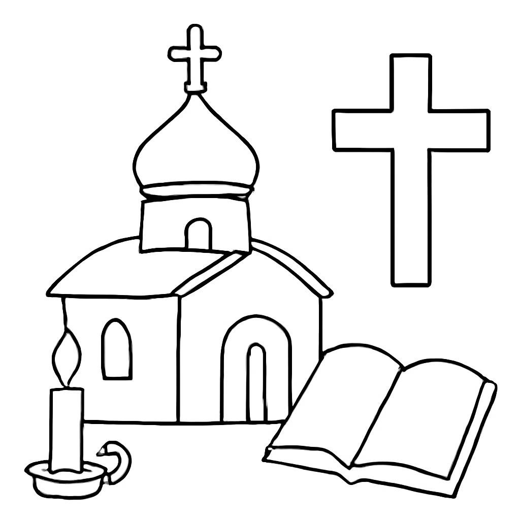 Контурный рисунок храма, креста, свечи и книги