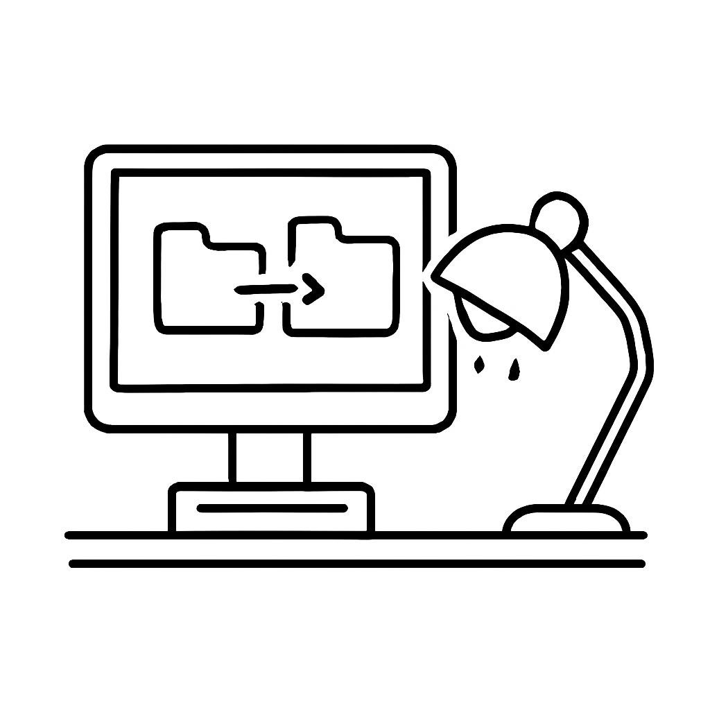 Контурная иллюстрация с компьютером и включённой настольной лампой