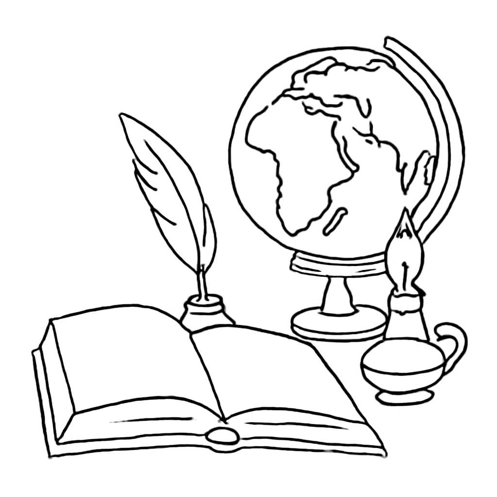 Контурная иллюстрация с книгой, пером, глобусом и светильником