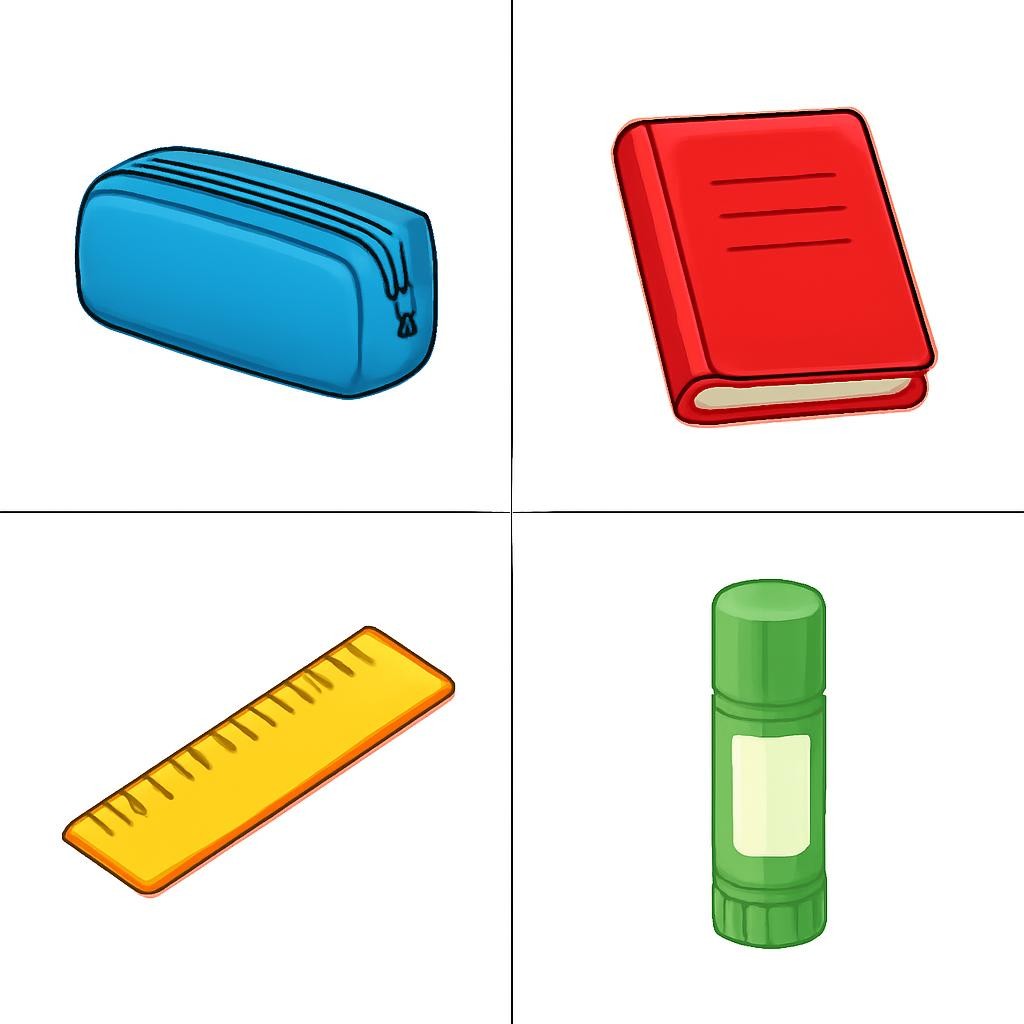 A colourful 2 by 2 grid of four school things.