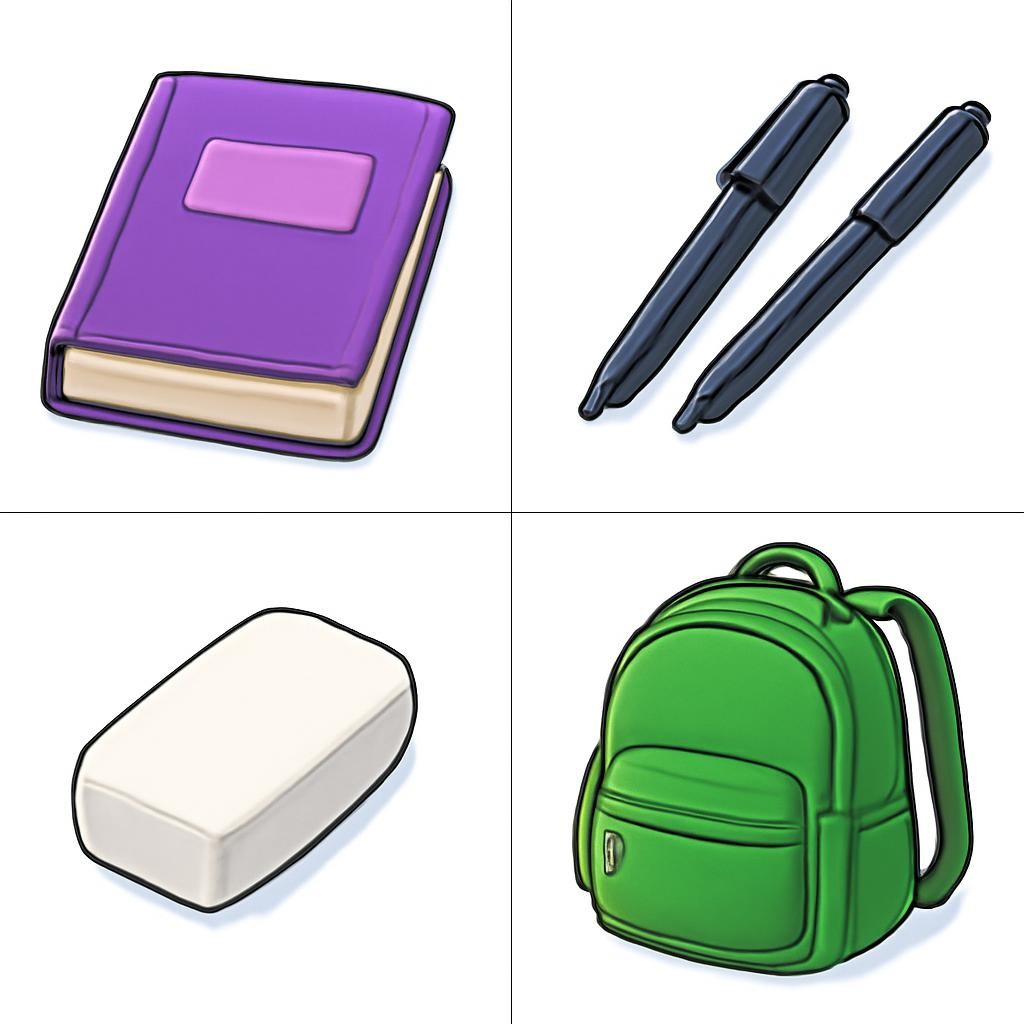 A colourful 2 by 2 grid of four school things.